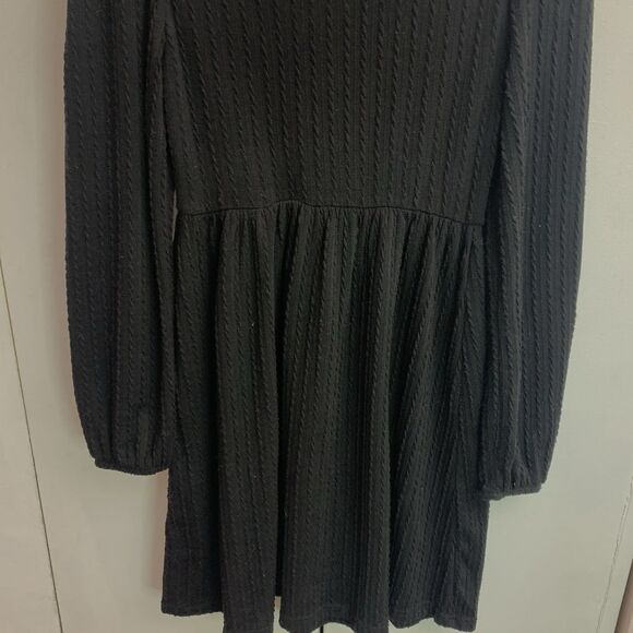 Womens Long Sleeve Knit Dress Square Neck Knee Length Casual Babydoll Black XS - Picture 6 of 7